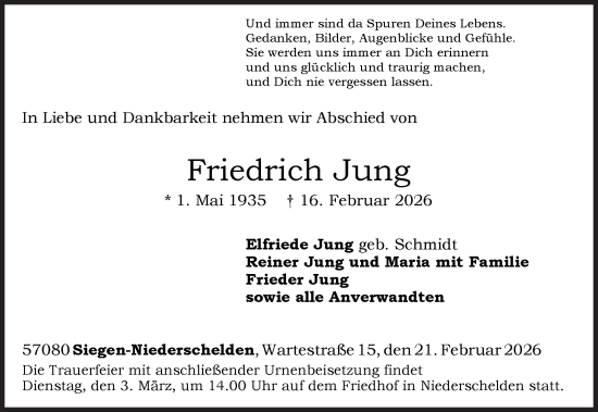 Traueranzeige von Friedrich Jung von Siegener Zeitung