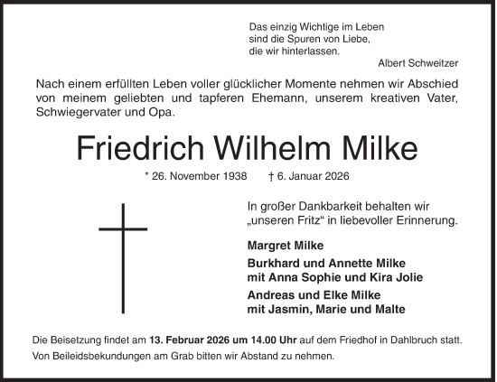 Traueranzeige von Friedrich Wilhelm Milke von Siegener Zeitung