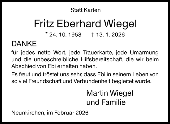 Traueranzeige von Fritz Eberhard Wiegel von Siegener Zeitung