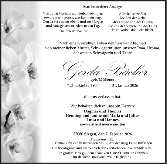 Traueranzeige von Gerda Bäcker von Siegener Zeitung