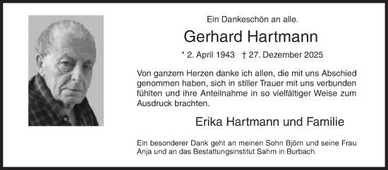 Traueranzeige von Gerhard Hartmann von Siegener Zeitung