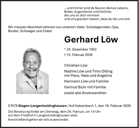 Traueranzeige von Gerhard Löw von Siegener Zeitung