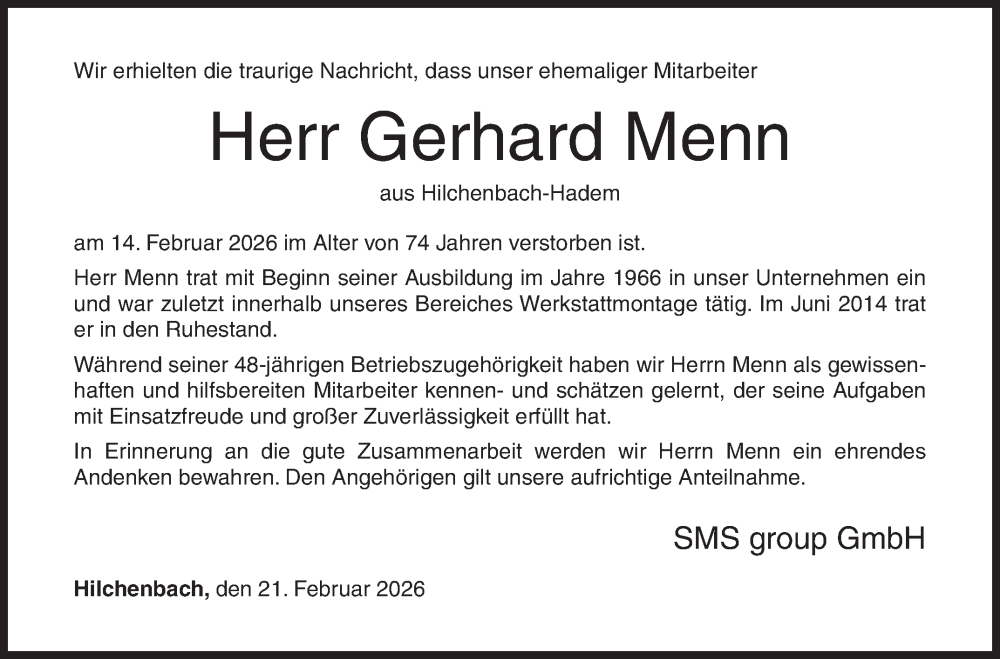  Traueranzeige für Gerhard Menn vom 21.02.2026 aus Siegener Zeitung