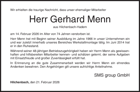 Traueranzeige von Gerhard Menn von Siegener Zeitung