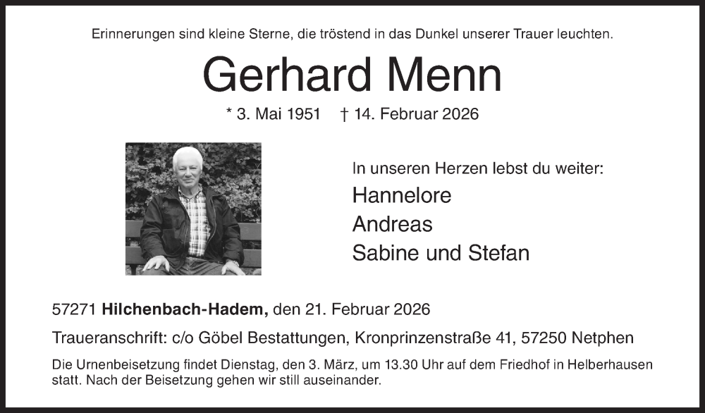  Traueranzeige für Gerhard Menn vom 21.02.2026 aus Siegener Zeitung
