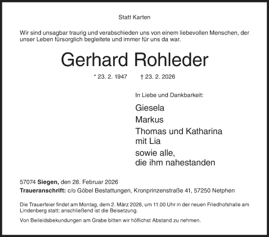 Traueranzeige von Gerhard Rohleder von Siegener Zeitung