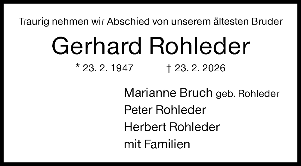 Traueranzeige für Gerhard Rohleder vom 28.02.2026 aus Siegener Zeitung