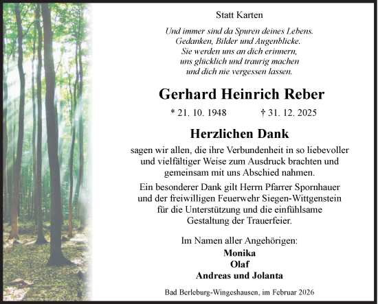 Traueranzeige von Gerhard Heinrich Reber von Siegener Zeitung