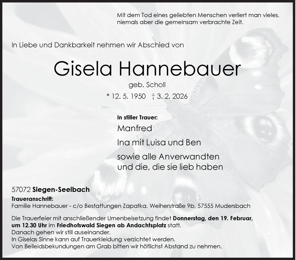  Traueranzeige für Gisela Hannebauer vom 07.02.2026 aus Siegener Zeitung