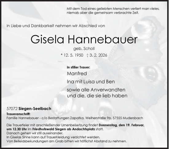 Traueranzeige von Gisela Hannebauer von Siegener Zeitung