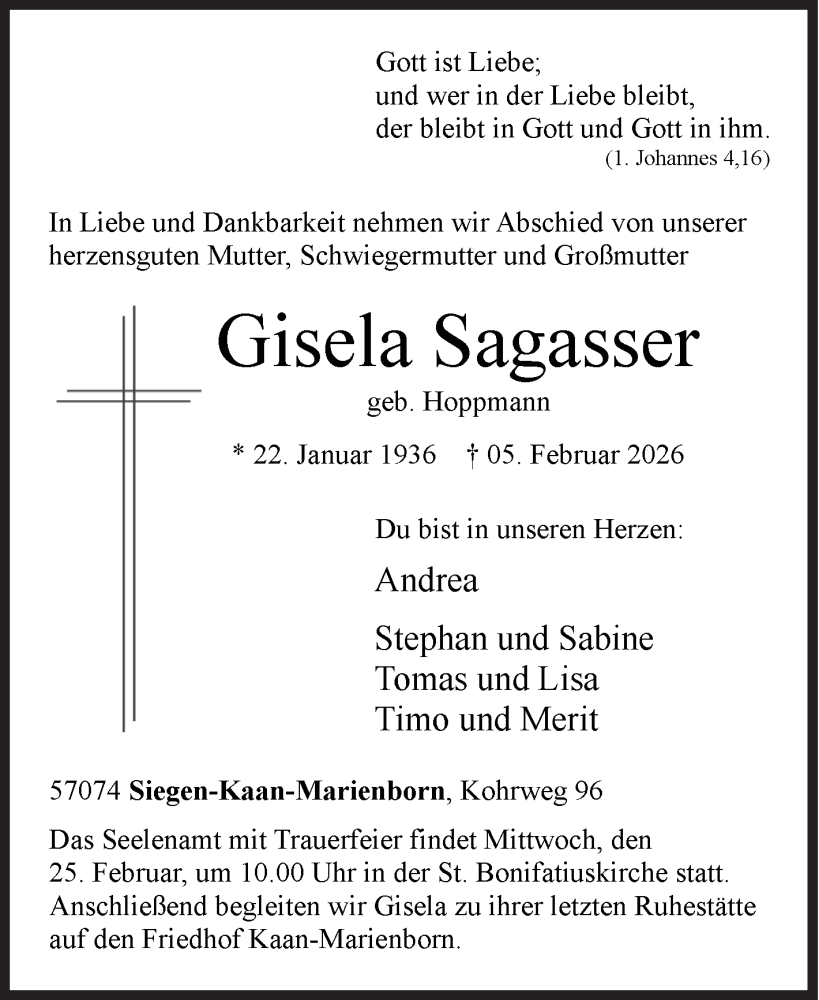  Traueranzeige für Gisela Sagasser vom 14.02.2026 aus Siegener Zeitung