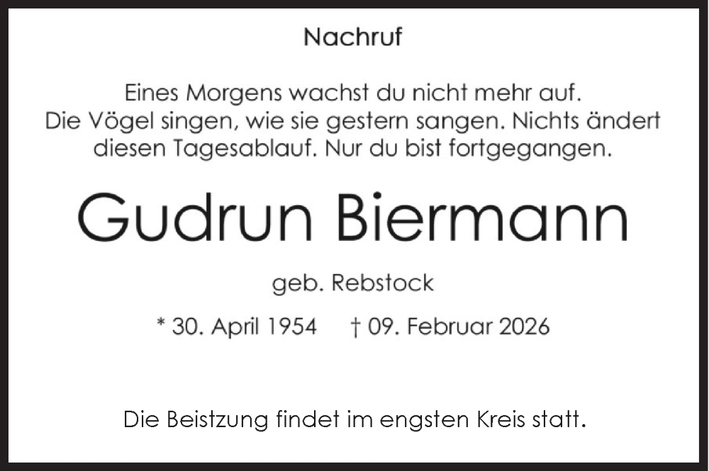  Traueranzeige für Gudrun Biermann vom 14.02.2026 aus Siegener Zeitung