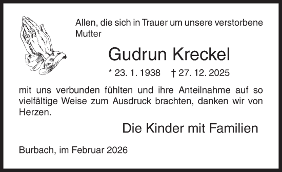 Traueranzeige von Gudrun Kreckel von Siegener Zeitung