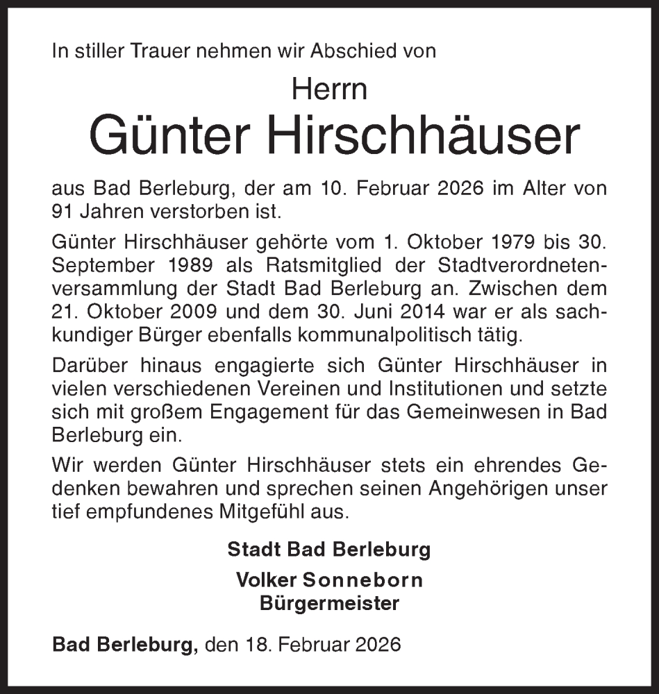  Traueranzeige für Günter Hirschhäuser vom 18.02.2026 aus Siegener Zeitung