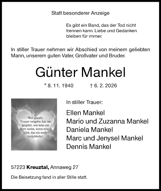 Traueranzeige von Günter Mankel von Siegener Zeitung