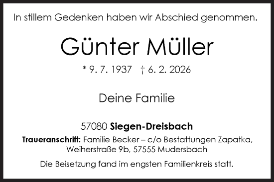 Traueranzeige von Günter Müller von Siegener Zeitung