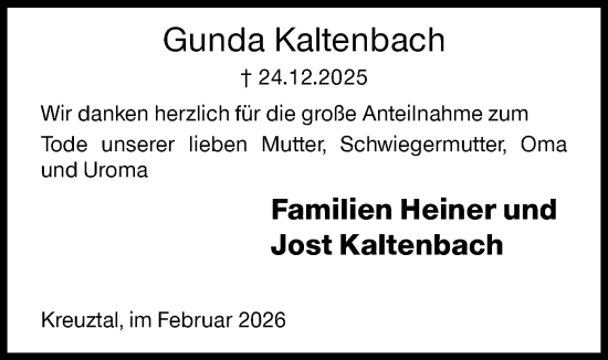 Traueranzeige von Gunda Kaltenbach von Siegener Zeitung