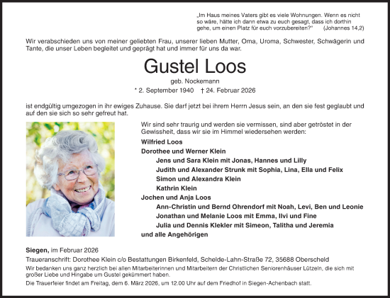 Traueranzeige von Gustel Loos von Siegener Zeitung