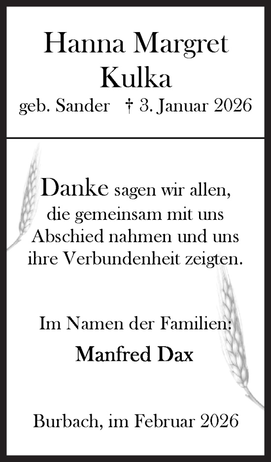 Traueranzeige von Hanna Margret Kulka von Siegener Zeitung