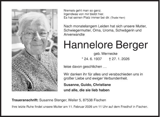 Traueranzeige von Hannelore Berger von Siegener Zeitung