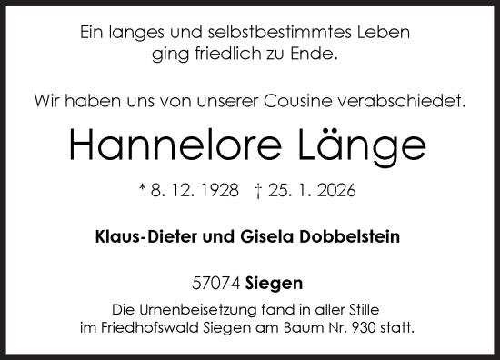 Traueranzeige von Hannelore Länge von Siegener Zeitung