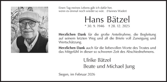 Traueranzeige von Hans Bätzel von Siegener Zeitung