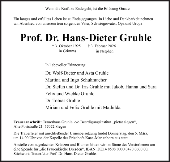 Traueranzeige von Hans-Dieter Gruhle von Siegener Zeitung
