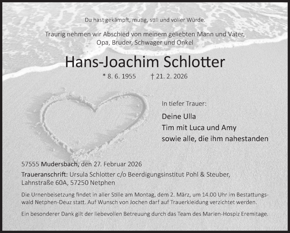  Traueranzeige für Hans-Joachim Schlotter vom 27.02.2026 aus Siegener Zeitung