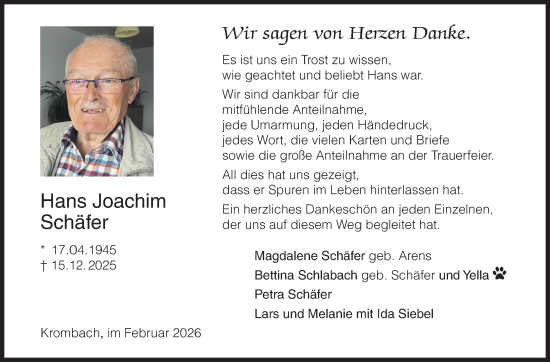 Traueranzeige von Hans Joachim Schäfer von Siegener Zeitung