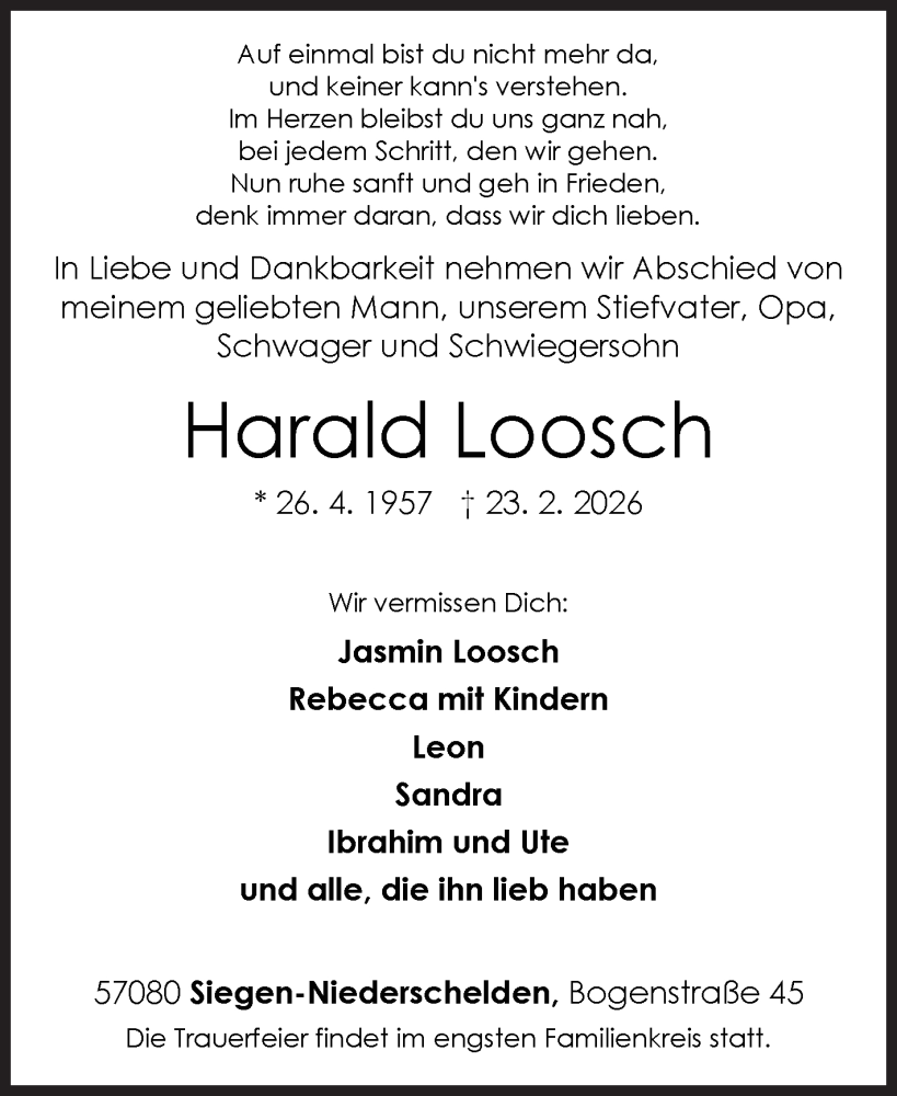  Traueranzeige für Harald Loosch vom 28.02.2026 aus Siegener Zeitung