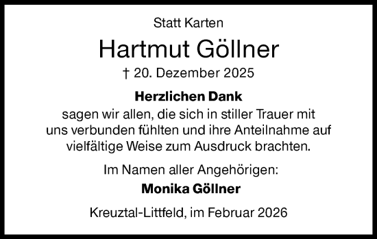Traueranzeige von Hartmut Göllner von Siegener Zeitung