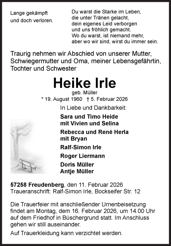 Traueranzeige von Heike Irle von Siegener Zeitung