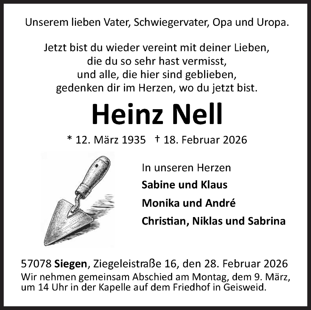 Traueranzeige für Heinz Nell vom 28.02.2026 aus Siegener Zeitung