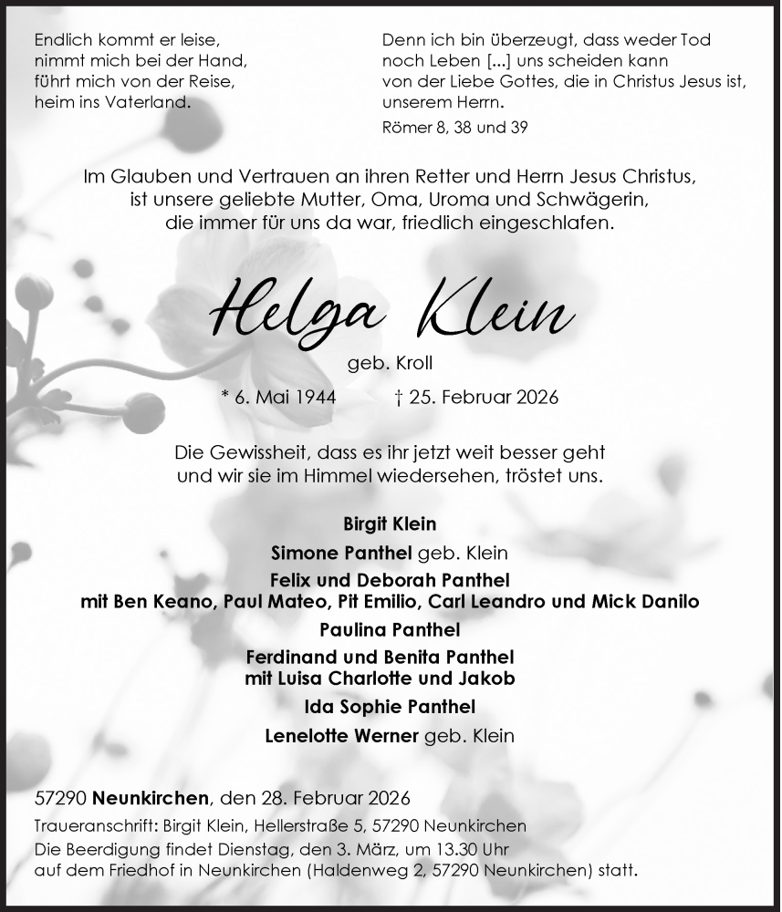  Traueranzeige für Helga Klein vom 28.02.2026 aus Siegener Zeitung