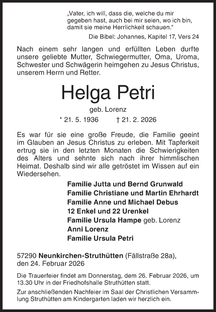  Traueranzeige für Helga Petri vom 24.02.2026 aus Siegener Zeitung