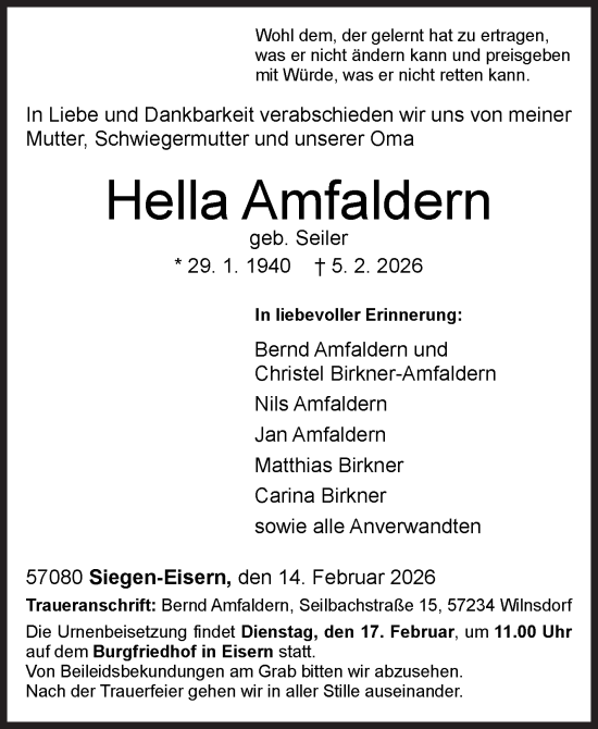Traueranzeige von Hella Amfaldern von Siegener Zeitung