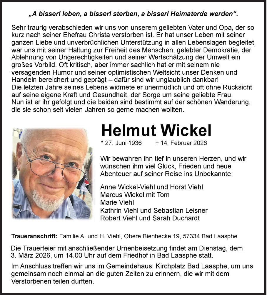  Traueranzeige für Helmut Wickel vom 21.02.2026 aus Siegener Zeitung