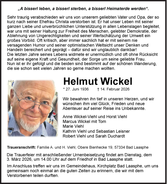 Traueranzeige von Helmut Wickel von Siegener Zeitung