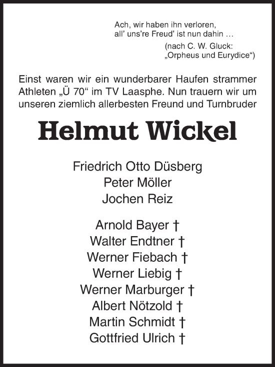 Traueranzeige von Helmut Wickel von Siegener Zeitung