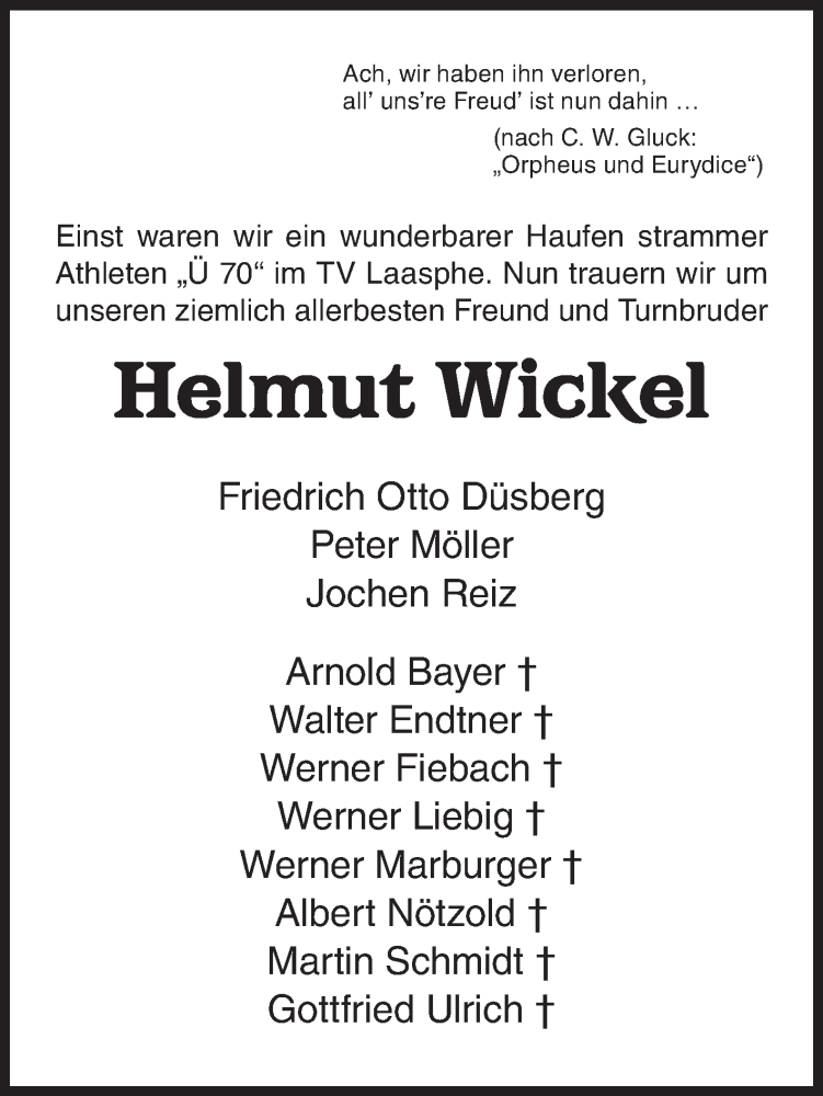  Traueranzeige für Helmut Wickel vom 25.02.2026 aus Siegener Zeitung