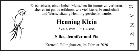 Traueranzeige von Henning Klein von Siegener Zeitung