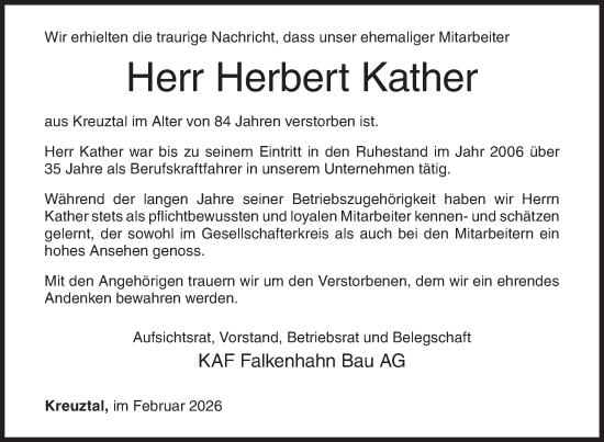 Traueranzeige von Herbert Kather von Siegener Zeitung