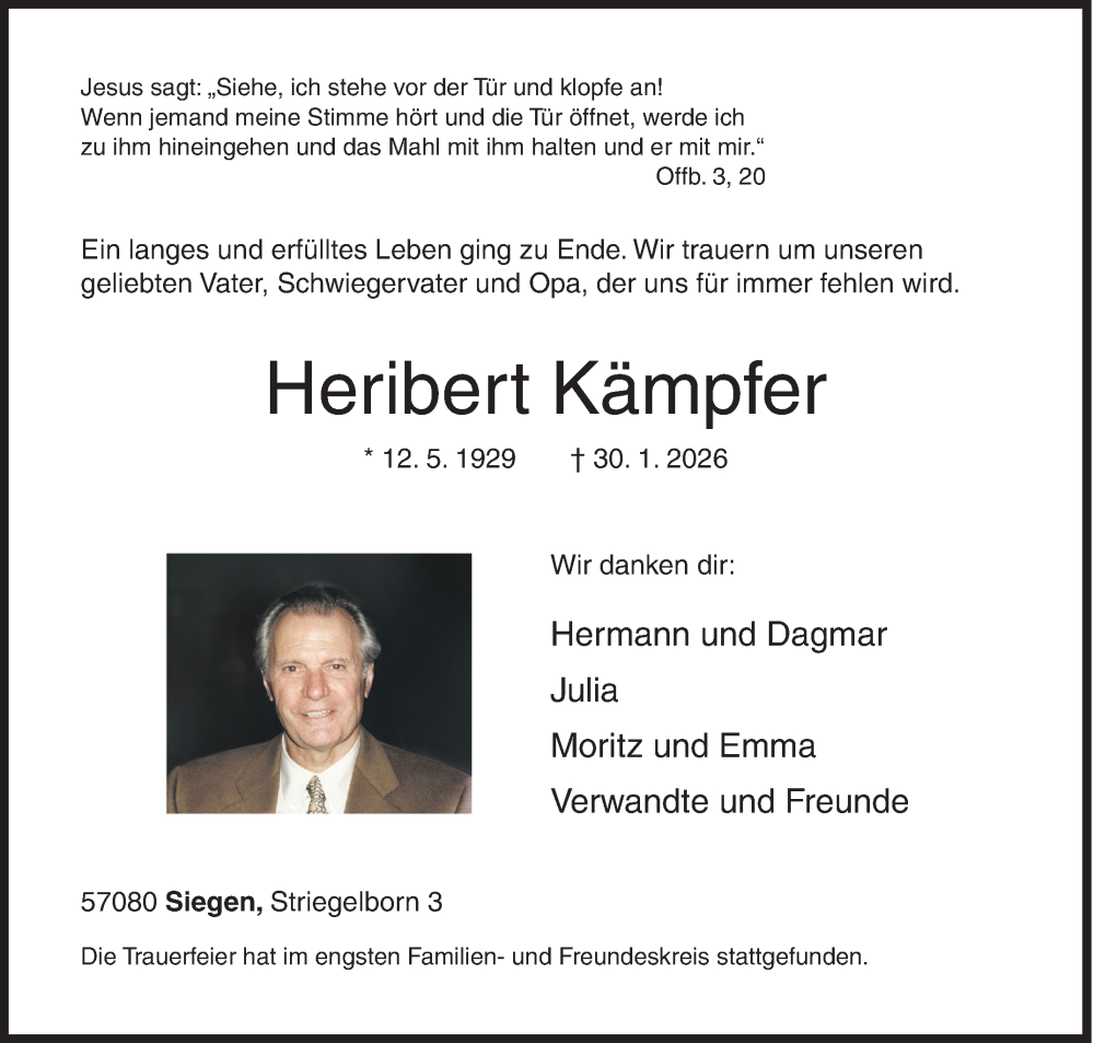  Traueranzeige für Heribert Kämpfer vom 07.02.2026 aus Siegener Zeitung