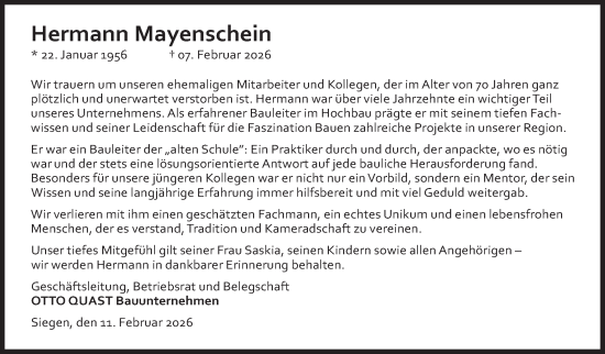 Traueranzeige von Hermann Mayenschein von Siegener Zeitung
