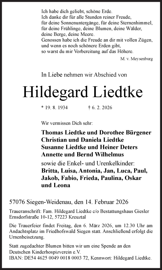 Traueranzeige von Hildegard Liedtke von Siegener Zeitung