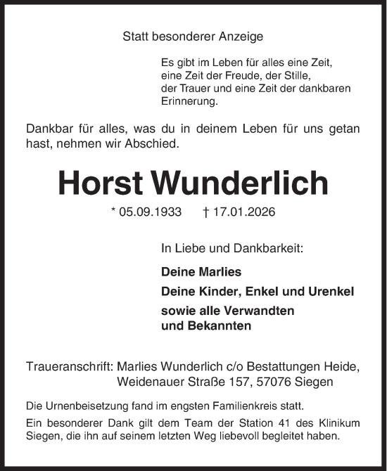 Traueranzeige von Horst Wunderlich von Siegener Zeitung