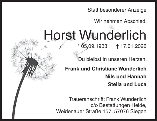 Traueranzeige von Horst Wunderlich von Siegener Zeitung