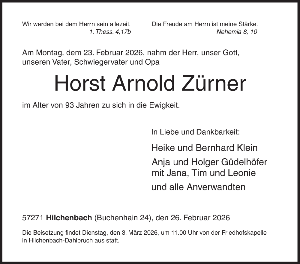  Traueranzeige für Horst Arnold Zürner vom 26.02.2026 aus Siegener Zeitung