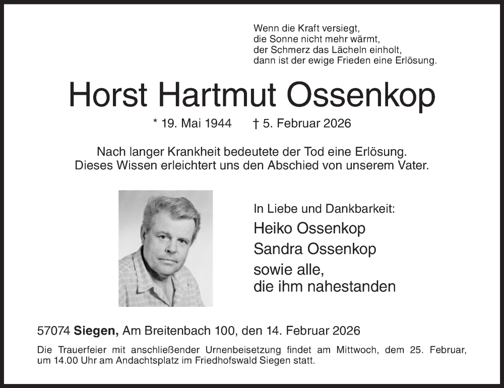  Traueranzeige für Horst Hartmut Ossenkop vom 14.02.2026 aus Siegener Zeitung