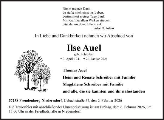 Traueranzeige von Ilse Auel von Siegener Zeitung